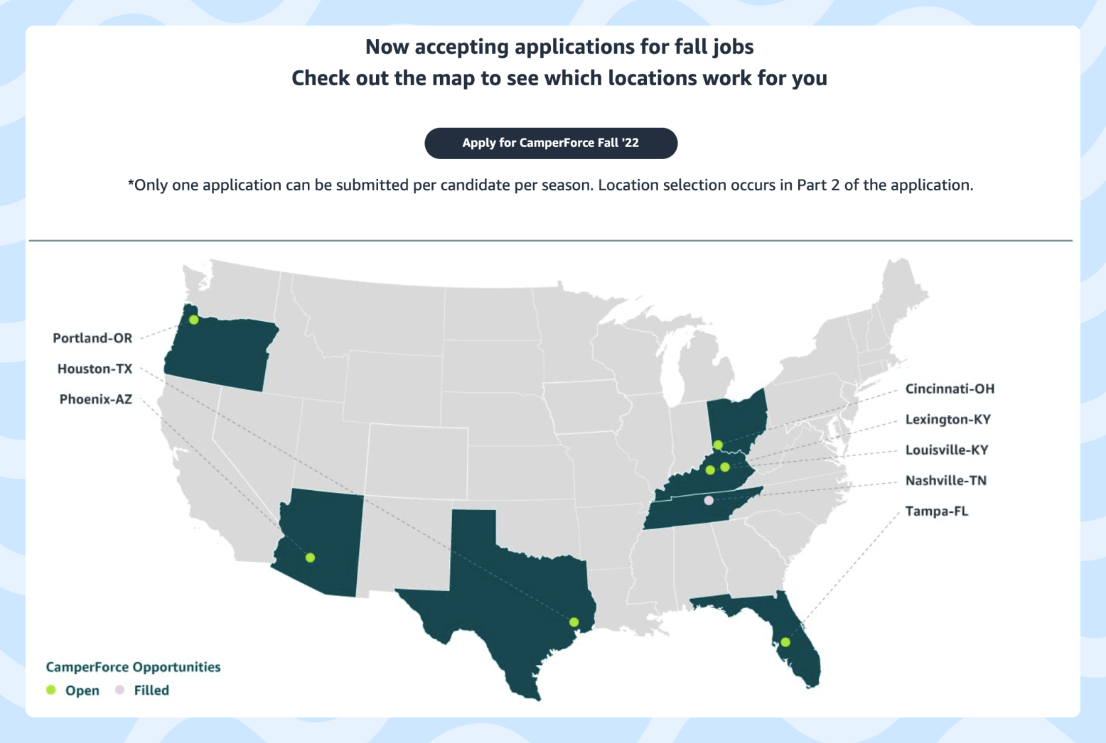 Screenshot showing the map with locations for applicants for fall jobs in Amazon CamperForce