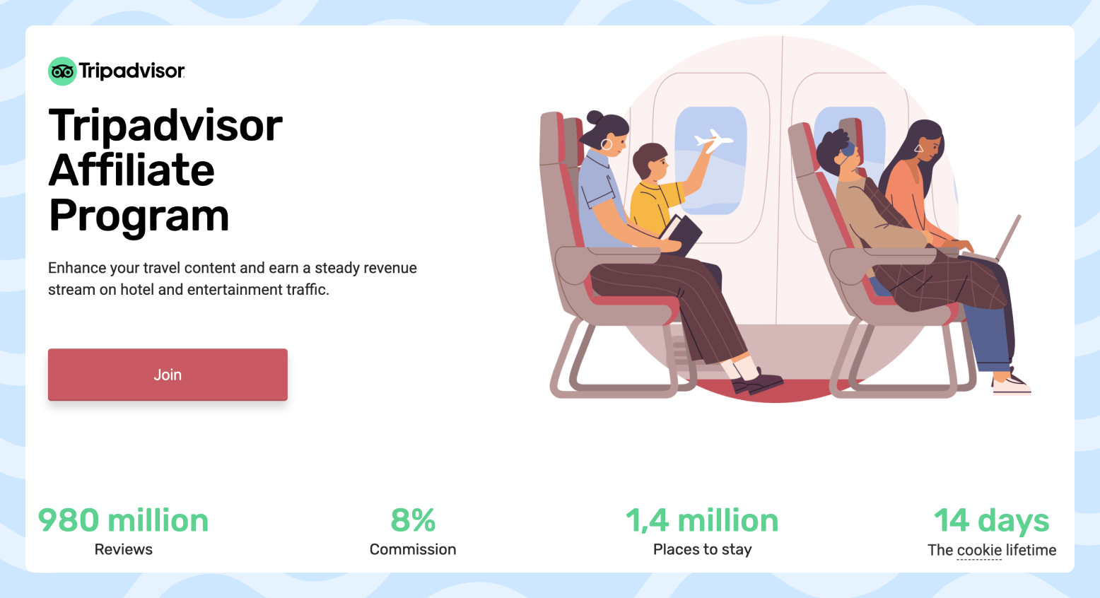 Landing page of the Tripadvisor affiliate program with the terms of the program and a picture depicting people on board the plane.