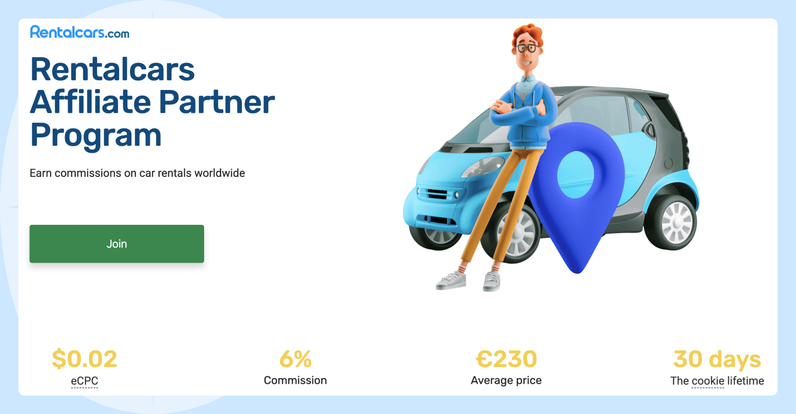 Landing page of the Rentalcars affiliate program with the terms of the program and a picture depicting cartoon man near car.
