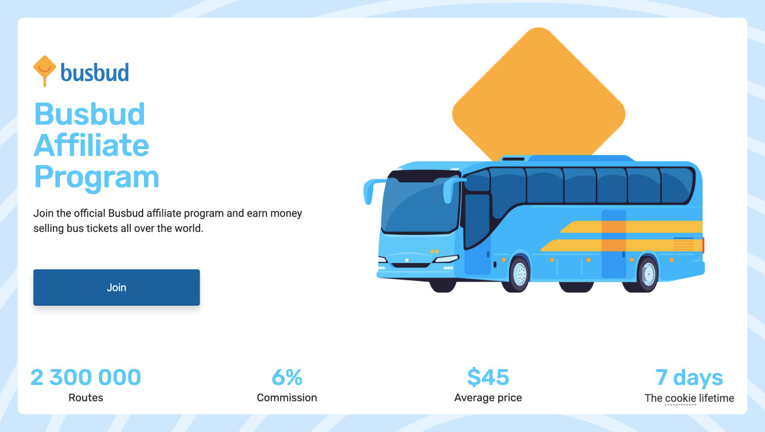 Landing page of the Busbud affiliate program with the terms of the program and a picture depicting blue bus.