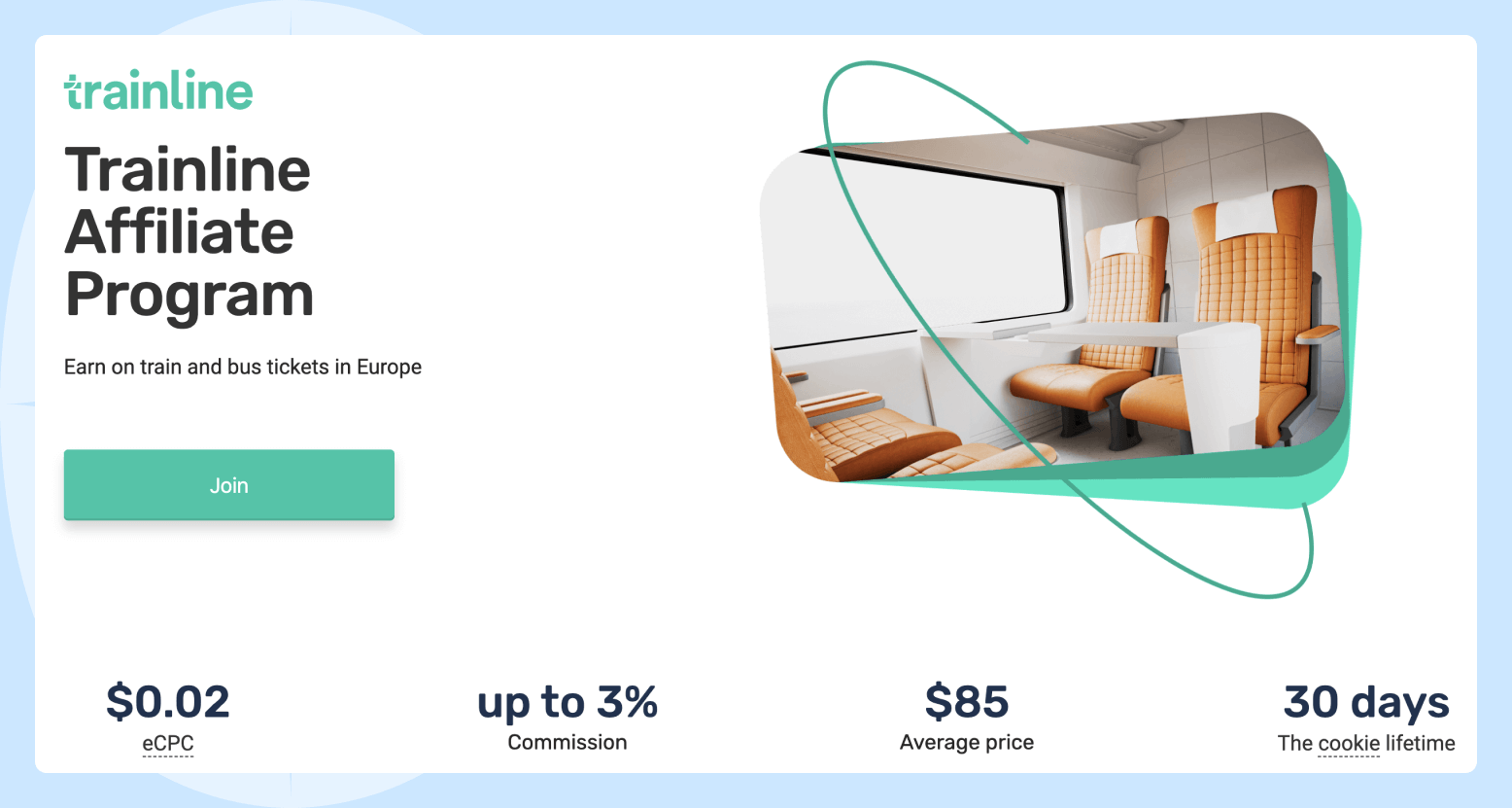 Landing page of the Trainline affiliate program with the terms of the program and a picture depicting seats on the train.