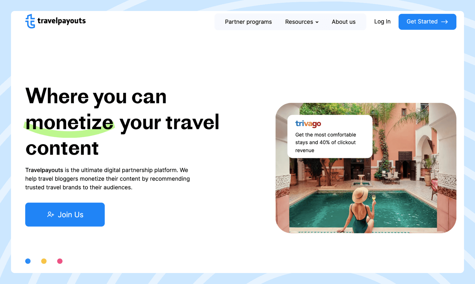 Screenshot of the Travelpayouts homepage with links to join the program plus photo of woman enjoying a hotel bookable on trivago.