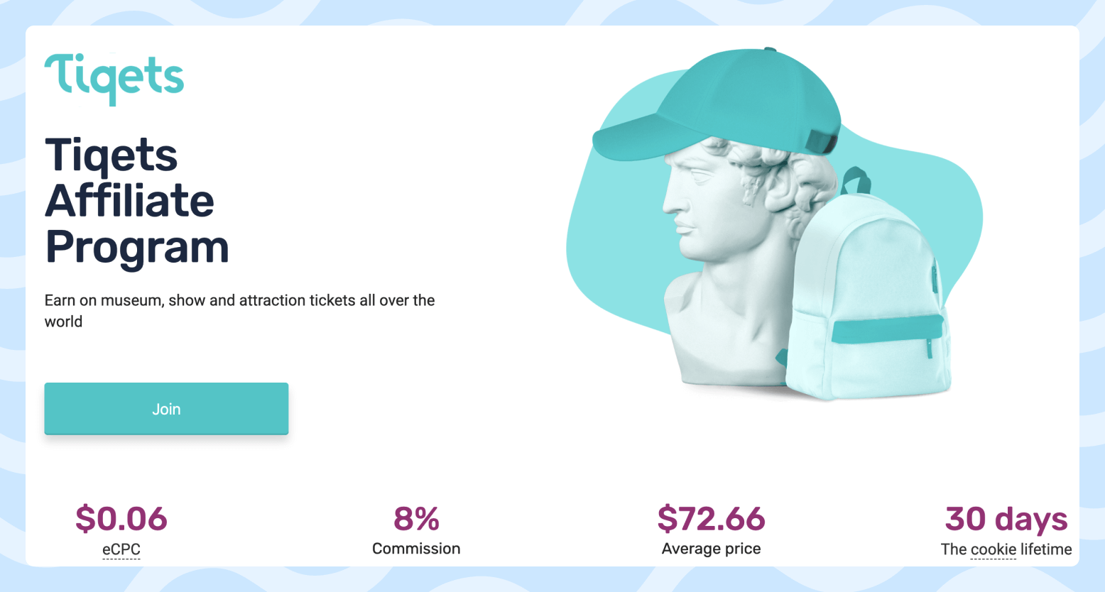 Landing page of the Tiqets affiliate program with the terms of the program and a picture depicting an ancient bust in a cap and with a backpack.