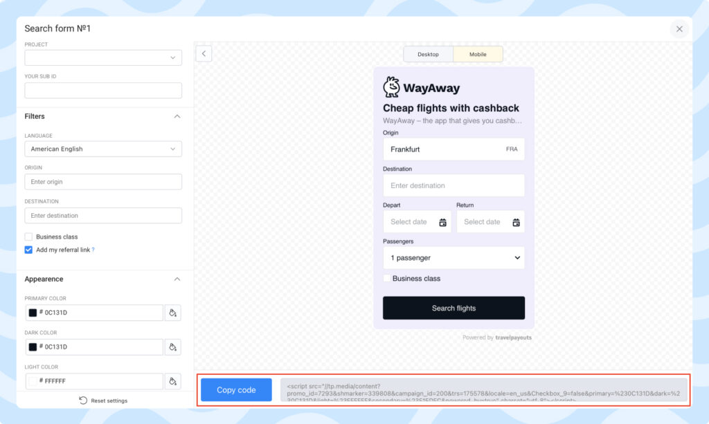 WayAway's Flight Search Form Settings how to create flight search form