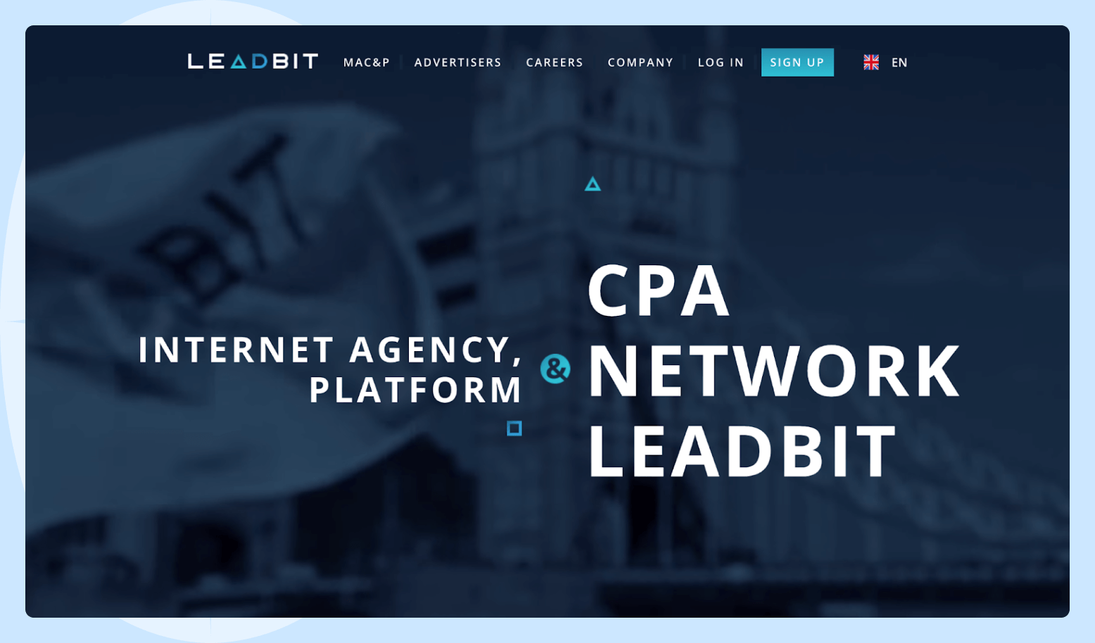 Screenshot of the Leadbit affiliate program homepage featuring The Tower Bridge in London.
