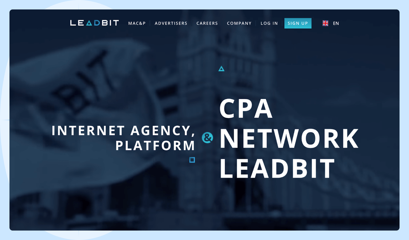 Leadbit Affiliate Program Screenshot of the Leadbit affiliate program homepage featuring The Tower Bridge in London.