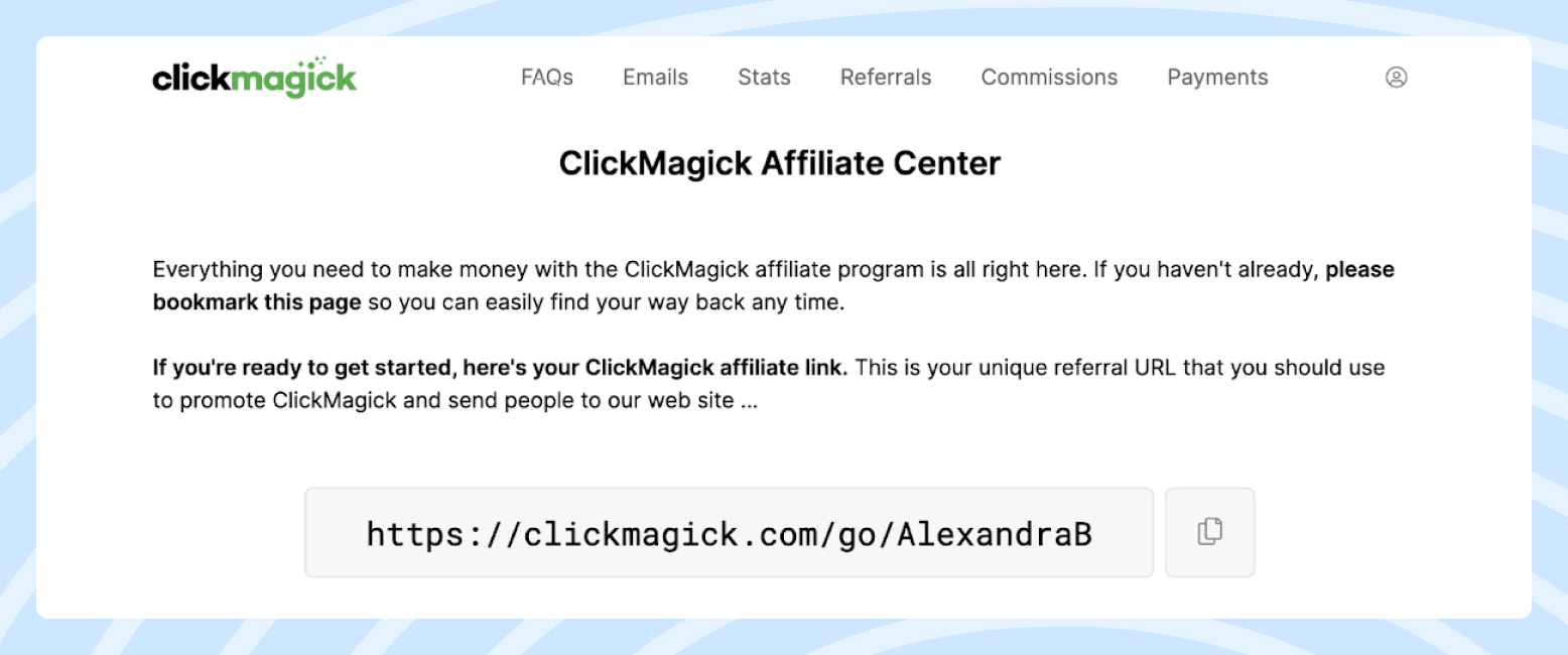 Screenshot of the ClickMagick affiliate program dashboard featuring an example of the affiliate link.
