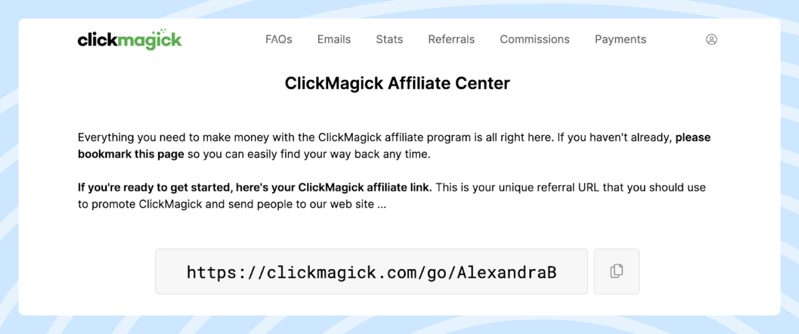 ClickMagick Affiliate Program Dashboard Screenshot of the ClickMagick affiliate program dashboard featuring an example of the affiliate link.