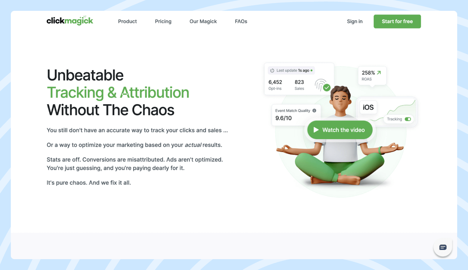 ClickMagick Affiliate Program Screenshot of the ClickMagick affiliate program homepage featuring a cartoon person meditating in the lotus posture.