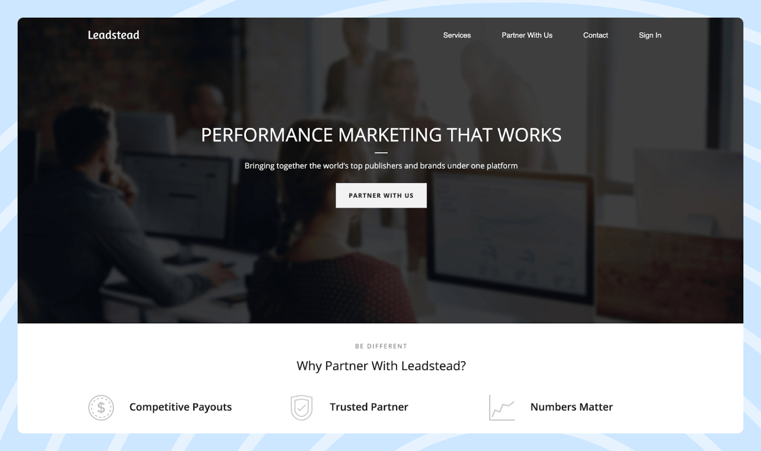 Leadstead Affiliate Program Screenshot of the Leadstead affiliate program homepage featuring the signup button and the advantages of the program.