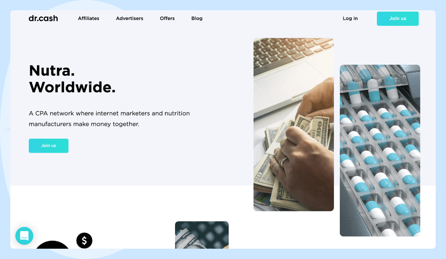 Dr.Cash Affiliate Program Screenshot of the Dr.Cash affiliate program homepage featuring the medicine in capsules and a woman counting money.