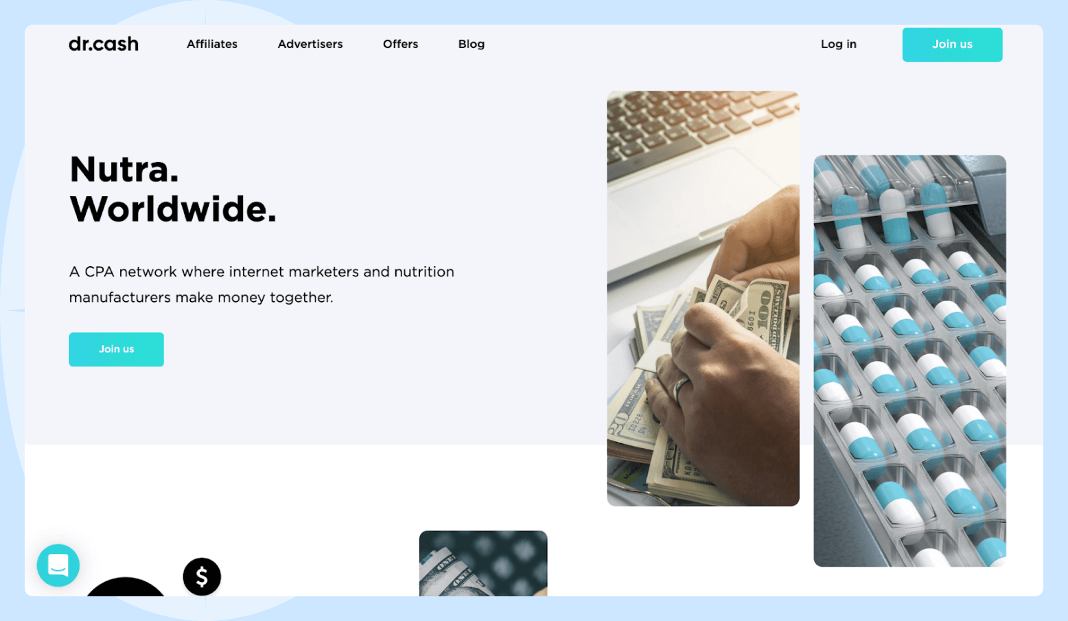 Screenshot of the Dr.Cash affiliate program homepage featuring the medicine in capsules and a woman counting money.