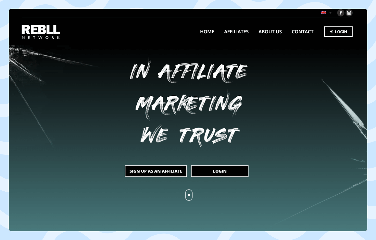 Rebll Affiliate Program Screenshot of the Rebll affiliate program homepage featuring cracked ice glass.