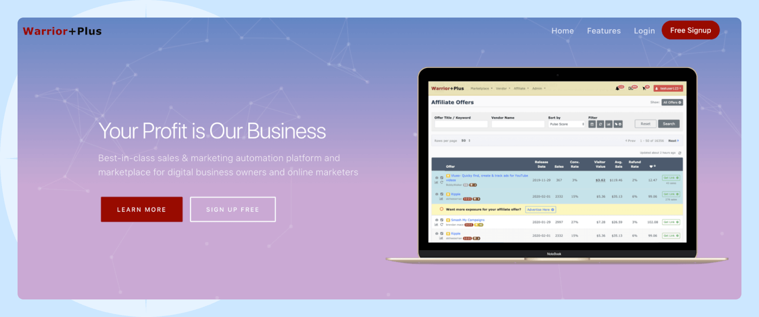 Screenshot of the WarriorPlus affiliate program homepage featuring a laptop with an opened affiliate dashboard on the WarriorPlus website.
