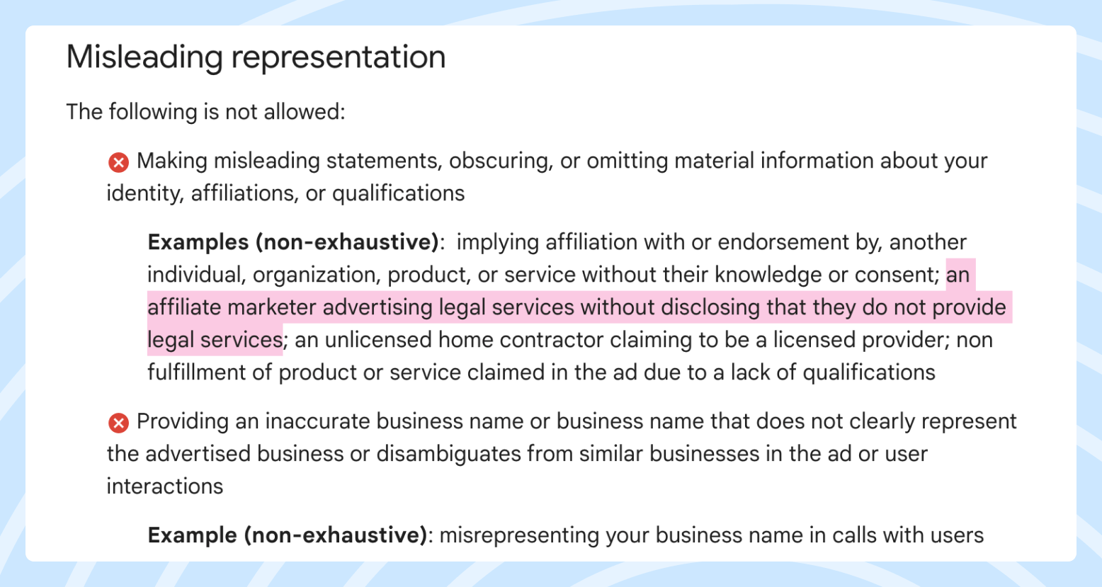 Screenshot of the excerpt from Google Ads Policies, showing text about misleading representation.