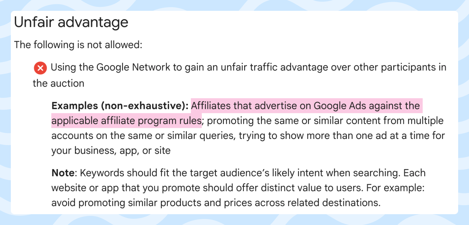 Screenshot of the excerpt from Google Ads Policies, showing text about unfair advantage.