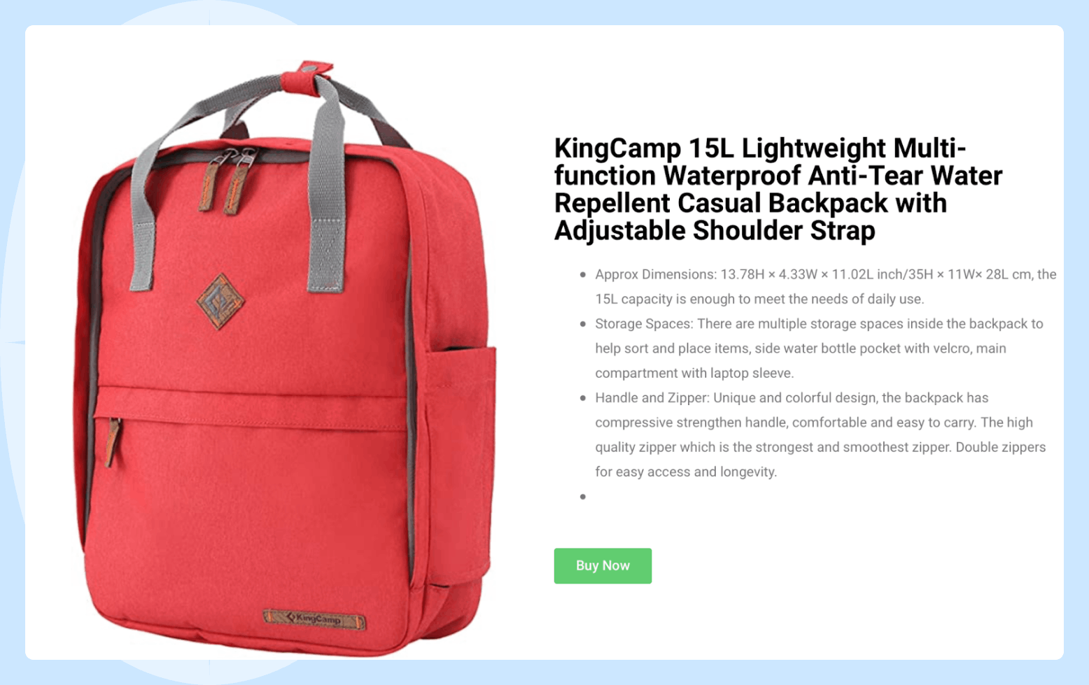 Screenshot of the page of the The Colors Shop Store website, showing a description of the backpack. 