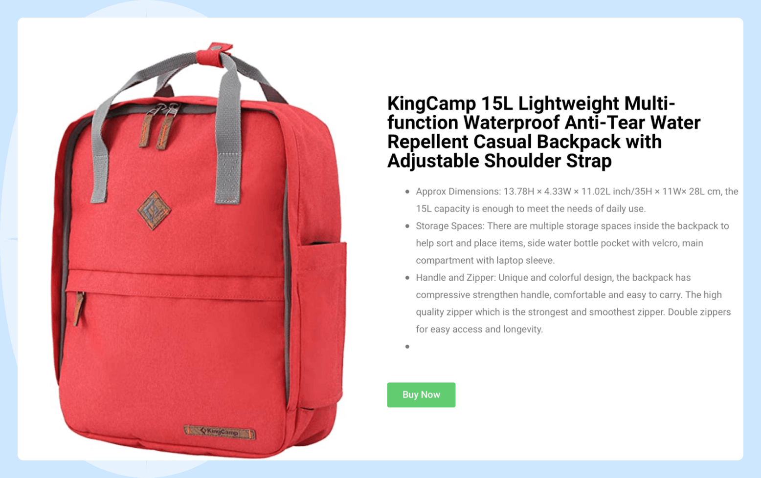Page of the The Colors Shop Store website Screenshot of the page of the The Colors Shop Store website, showing a description of the backpack.