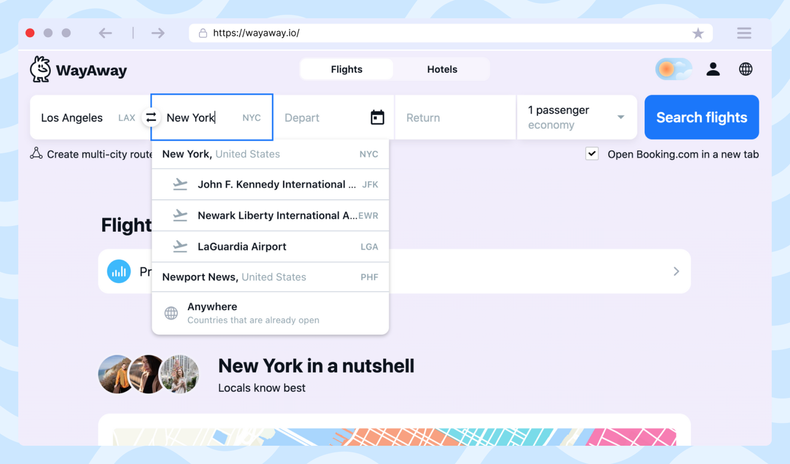 Screenshot showing the WayAway homepage with the search form filling with Los Angeles and New York cities names. 