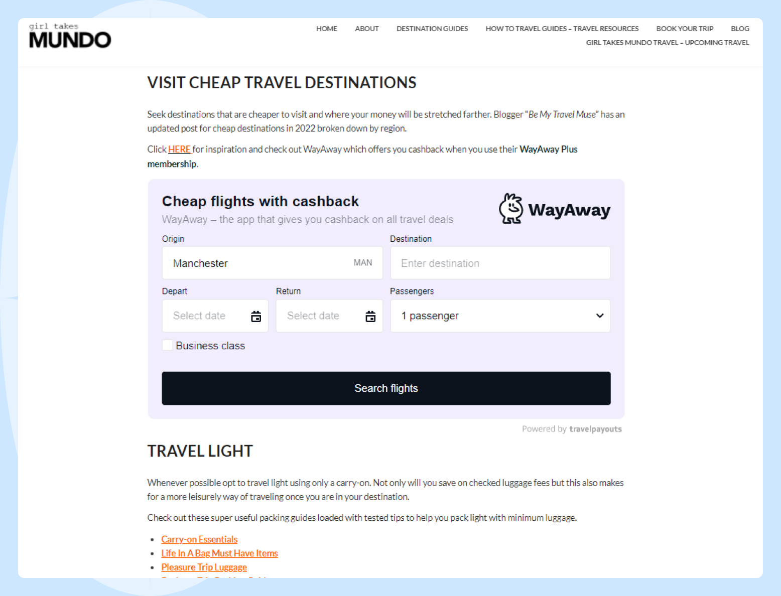 Screenshot with the example of embeding WayAway's widget to the article about planning vacation on a budget on Girl Takes Mundo blog.