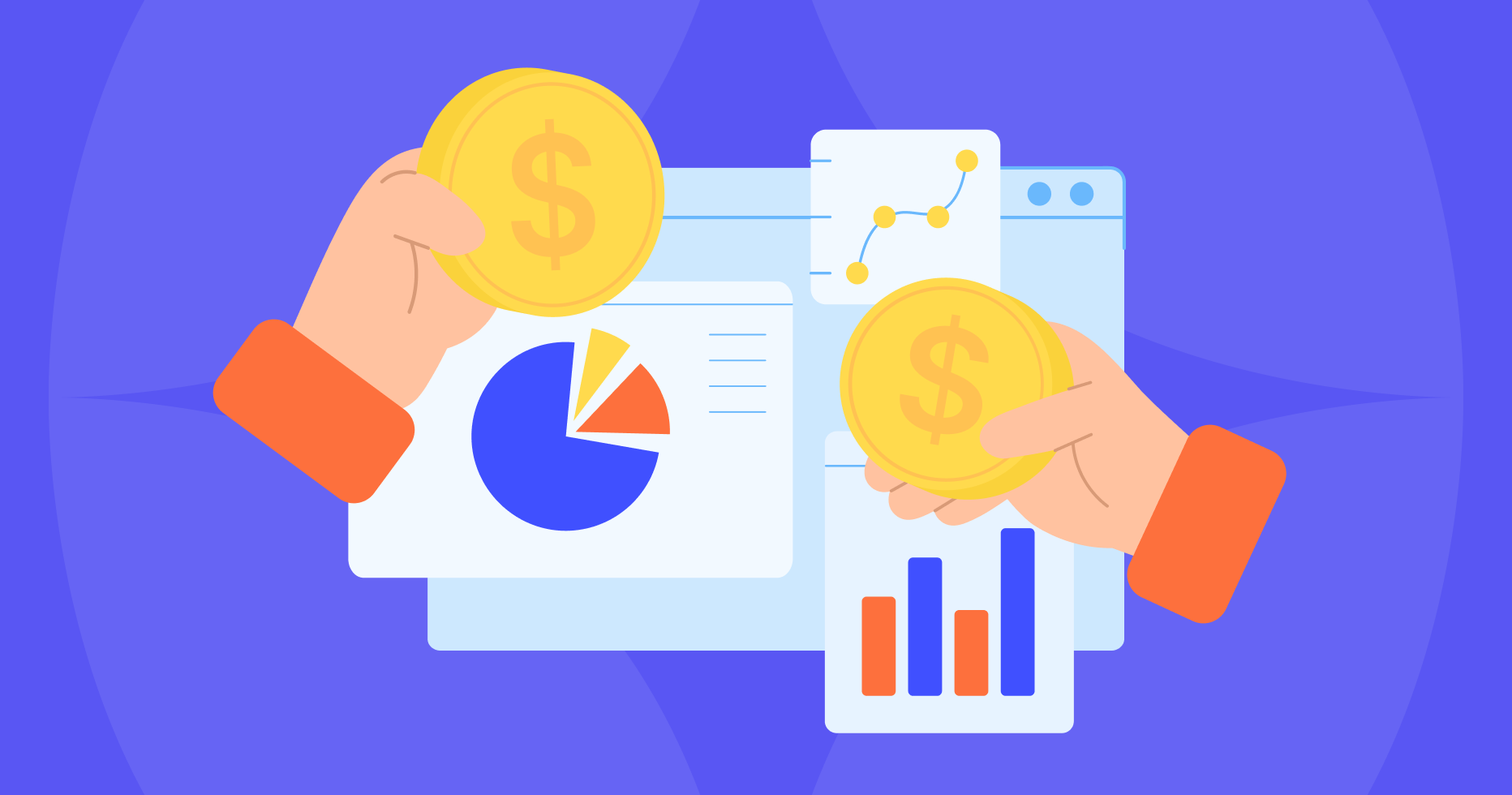 Showing statistics graphs on a purple background and hands with money