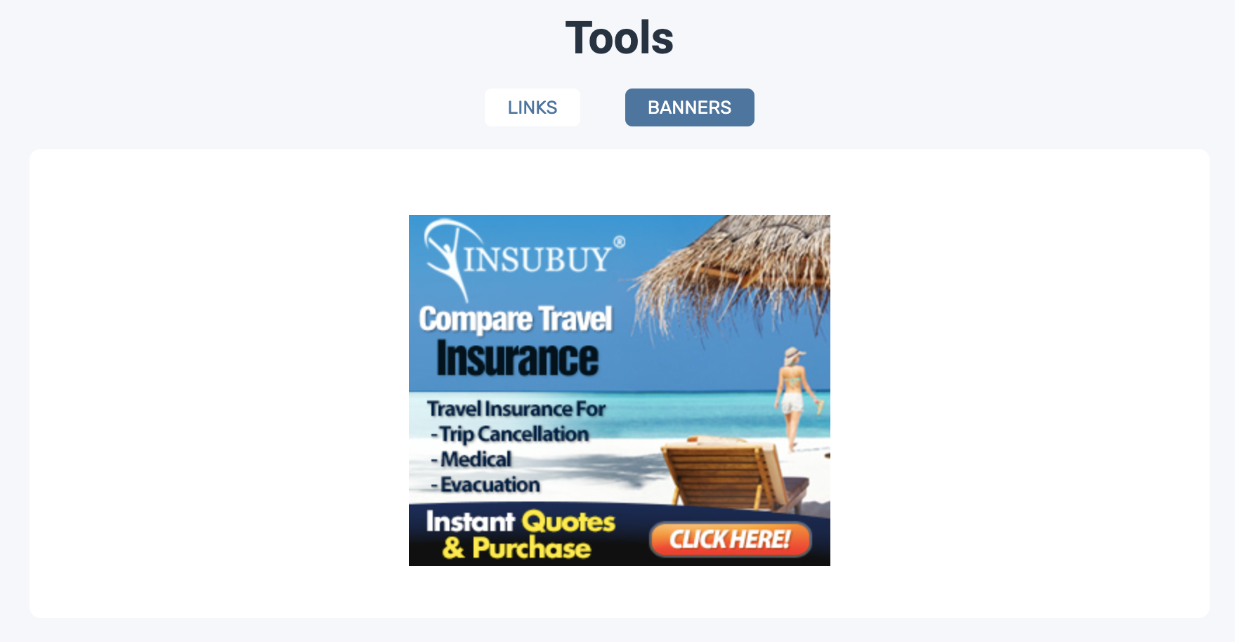 لقطة شاشة للصفحة المقصودة لبرنامج شريك Insubuy ، تعرض الكتلة مع أدوات الترويج (لافتات على وجه التحديد).