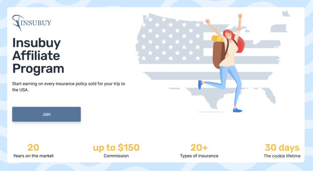 Screenshot of the Insubuy affiliate program on Travelpayouts, featuring a cartoon person jumping in front of an image of the United States.