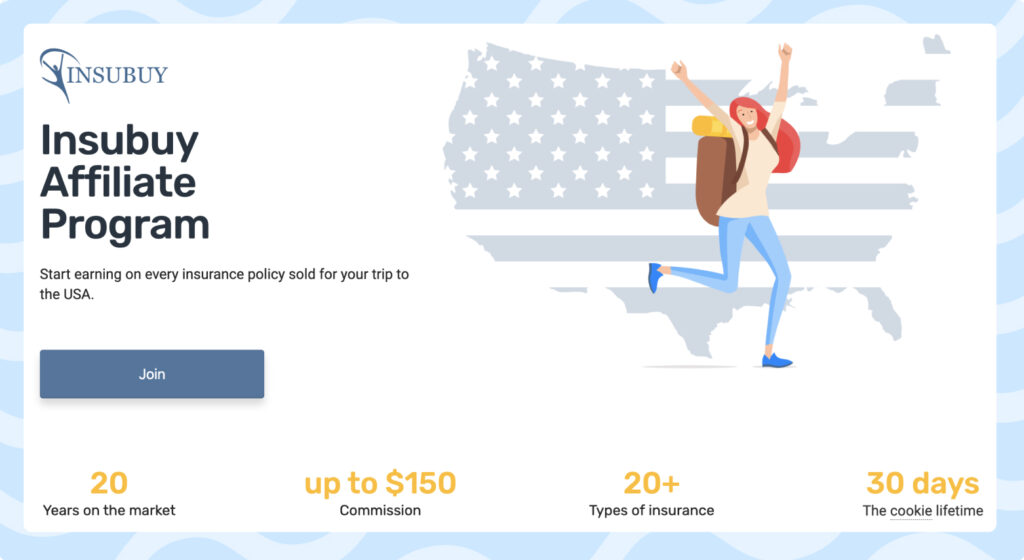 The Insubuy Affiliate Program on Travelpayouts Screenshot of the Insubuy affiliate program on Travelpayouts, featuring a cartoon person jumping in front of an image of the United States.