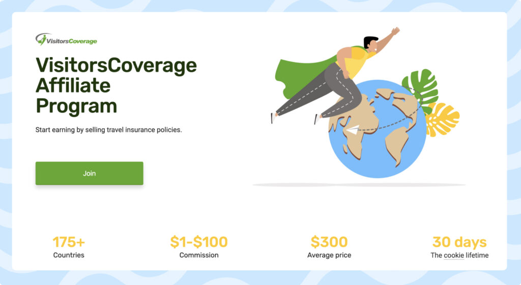 Screenshot of the VisitorsCoverage affiliate program on Travelpayouts, featuring a cartoon person flying in front of an image of the World.