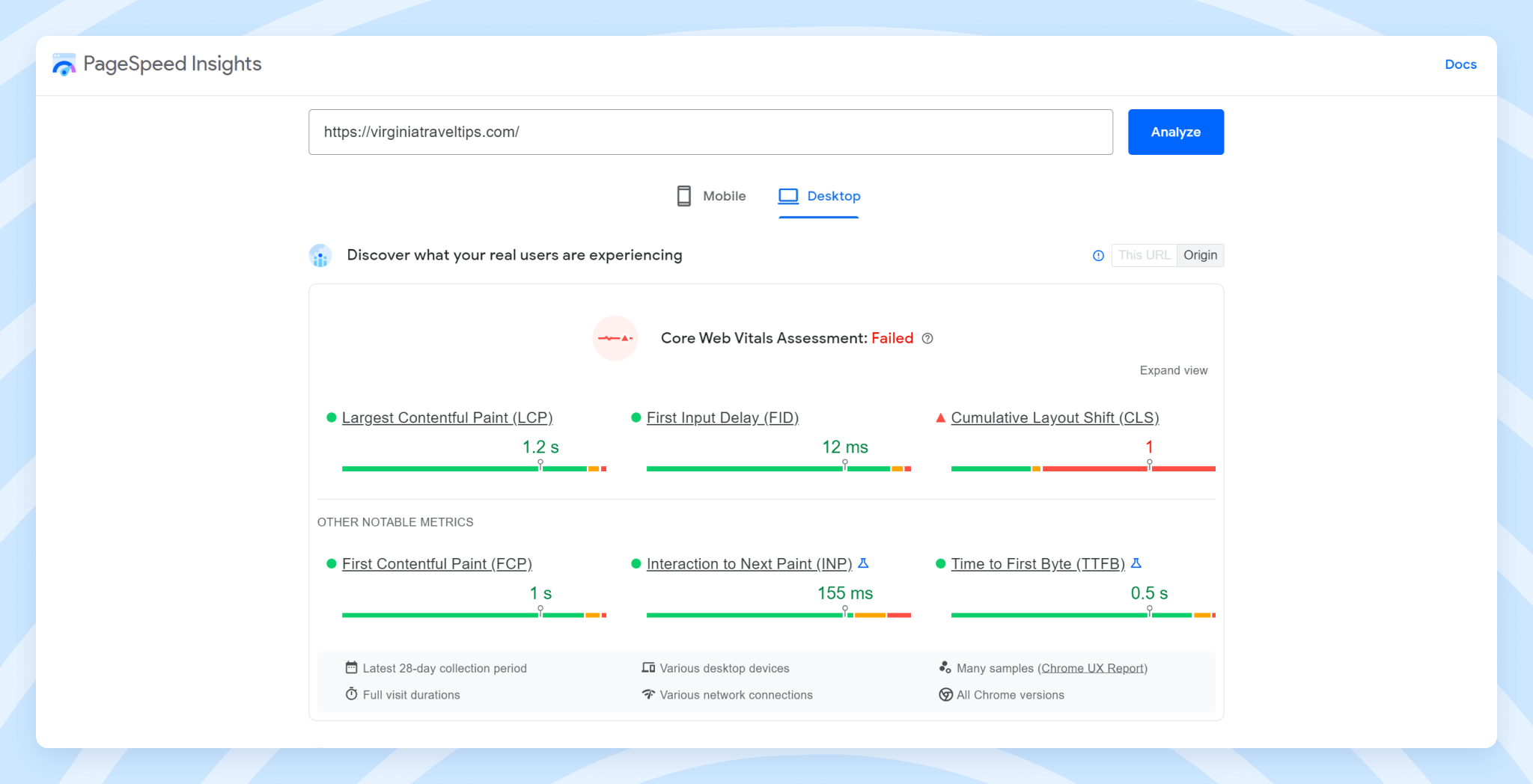 Website speed test example