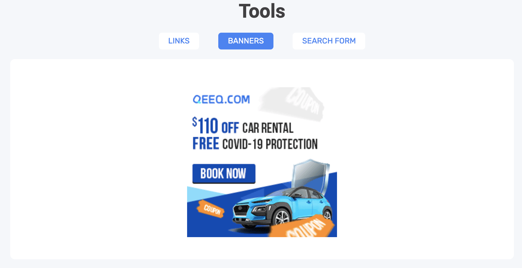 لقطة شاشة للصفحة المقصودة لبرنامج شريك QEEQ ، تعرض الكتلة مع أدوات الترويج (لافتات على وجه التحديد).