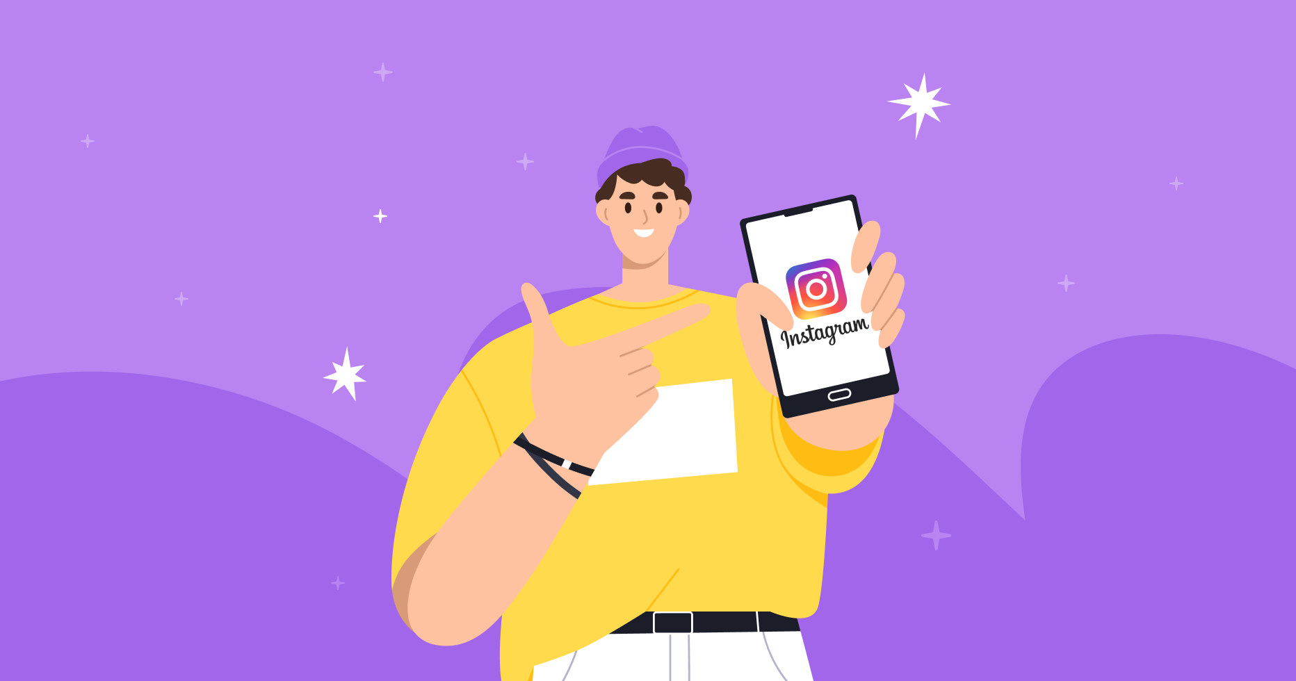 Showing man in yellow T-shirt showing smartphone with the Instagram icon.