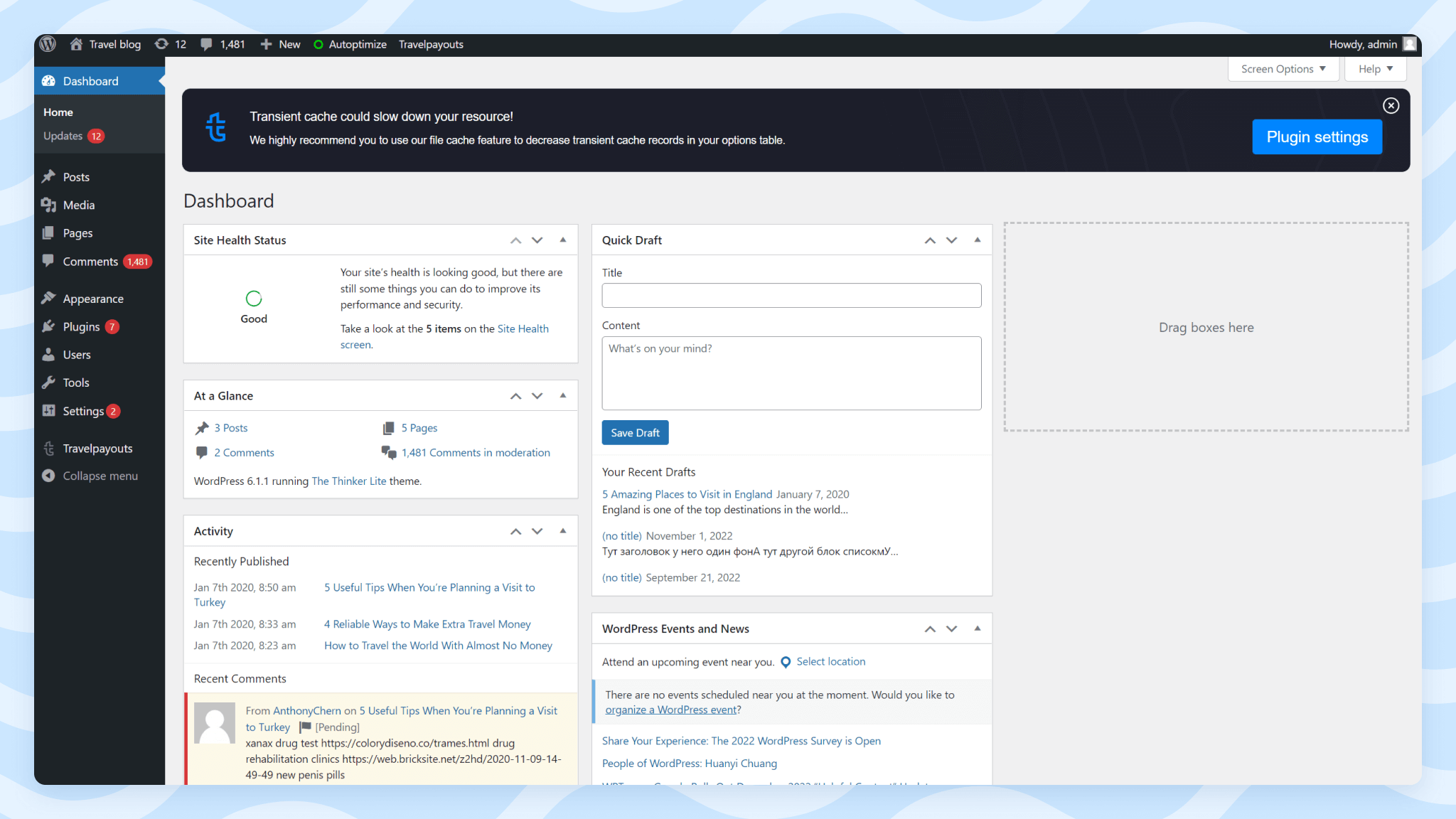 Example of WordPress admin panel