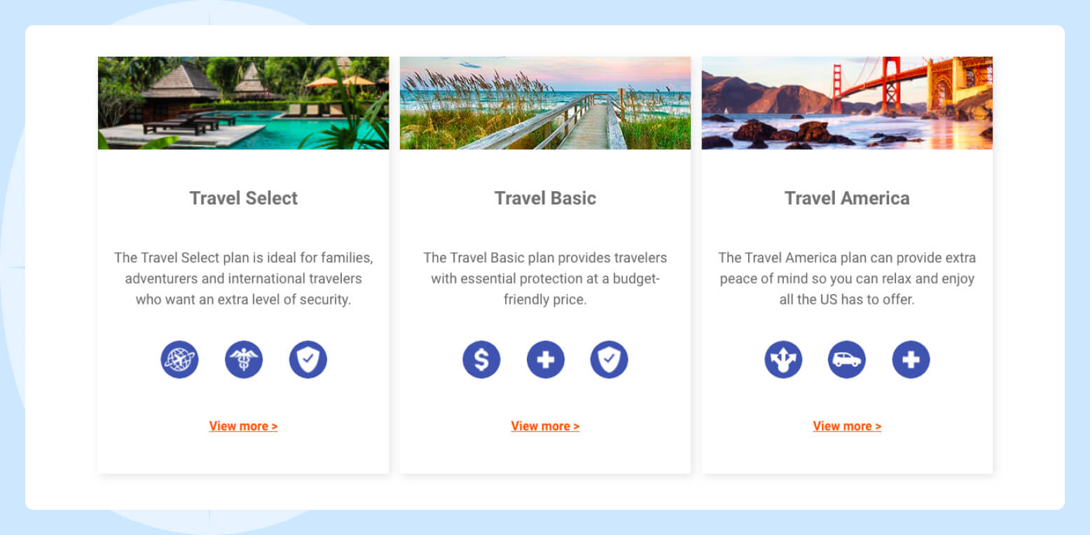 لقطة شاشة لخطط تأمين Travel Select و Travel Basic و Travel America التي يمكن للمسافرين الاختيار من بينها عند شراء تأمين السفر من خلال Travelex Insurance Services.