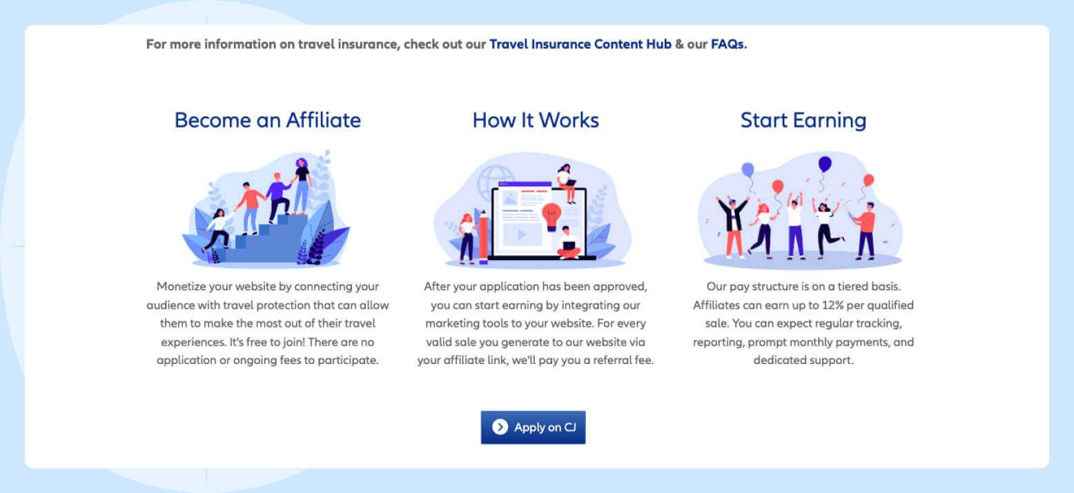 Screenshot of the Allianz Global Assistance affiliate program sign-up page on the Allianz Global Assistance website, featuring cartoon pictures helping people discover how to become an affiliate, how it works and how to start earning with the program.
