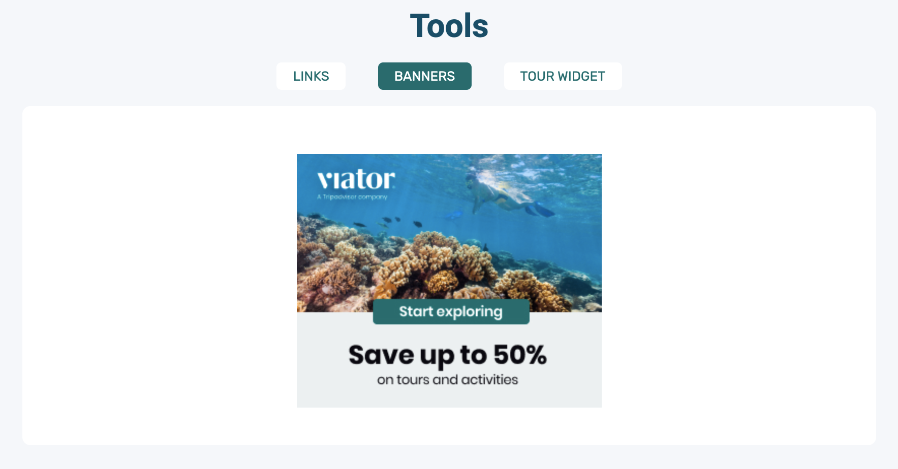 Screenshot of the Viator partner program landing page, showing the block with promo tools (specifically banners).