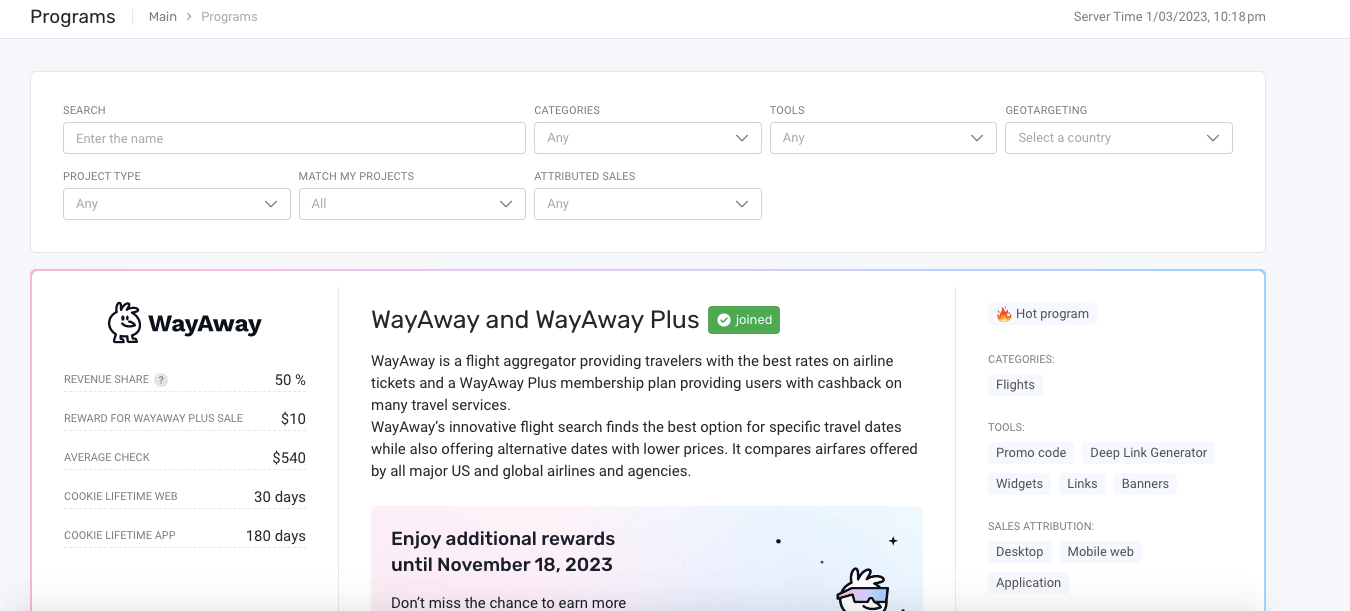 A screenshot of the Travelpayouts program page featuring WayAway and a menu to search for other affiliate programs.