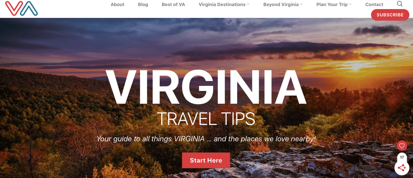 A screenshot of the Virginia Travel Tips website homepage featuring a gorgeous sunset behind the tagline “your guide to all things Virginia … and the places we love nearby.”