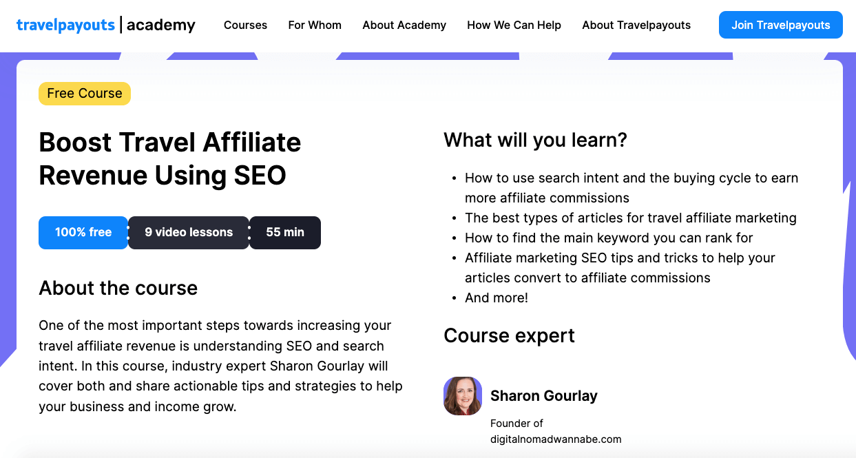 A screenshot of the “Boost Travel Affiliate Revenue Using SEO” in the Travelpayouts Academy featuring information about the course, what you will learn, and the course expert, Sharon Gourlay.