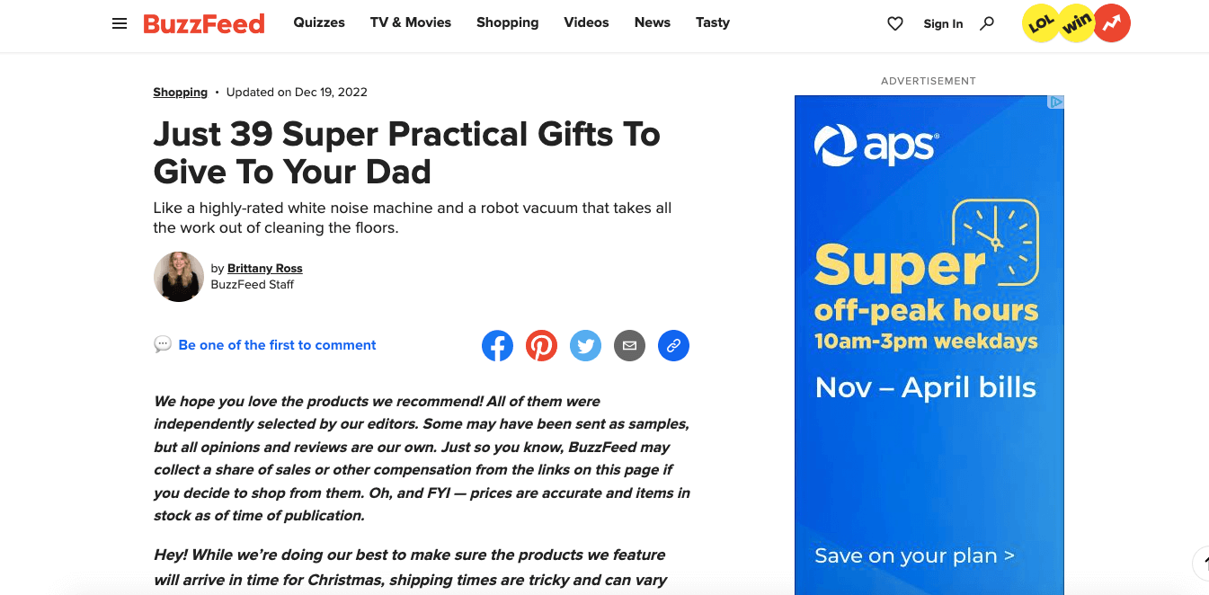A screenshot of an article on Buzzfeed called “Just 39 Super Practical Gifts To Give To Your Dad.”