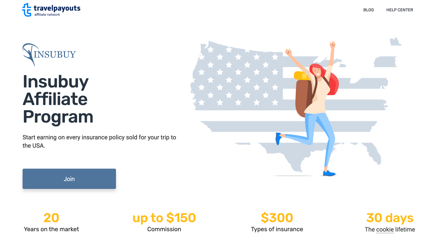 Screenshot of the Insubuy Affiliate Progam on Travelpayouts, showcasing a cartoon girl with red hair and a backpack jumping up in front of a silhouette of the United States.