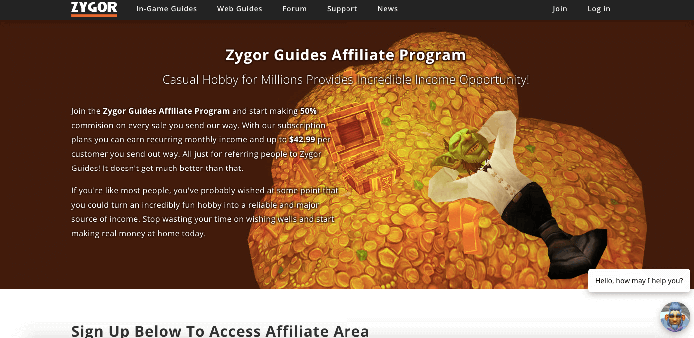 Screenshot of “Zygor Guides Affiliate Program,” featuring a green ogre wearing a white shirt and black pants lying in a pile of gold coins.