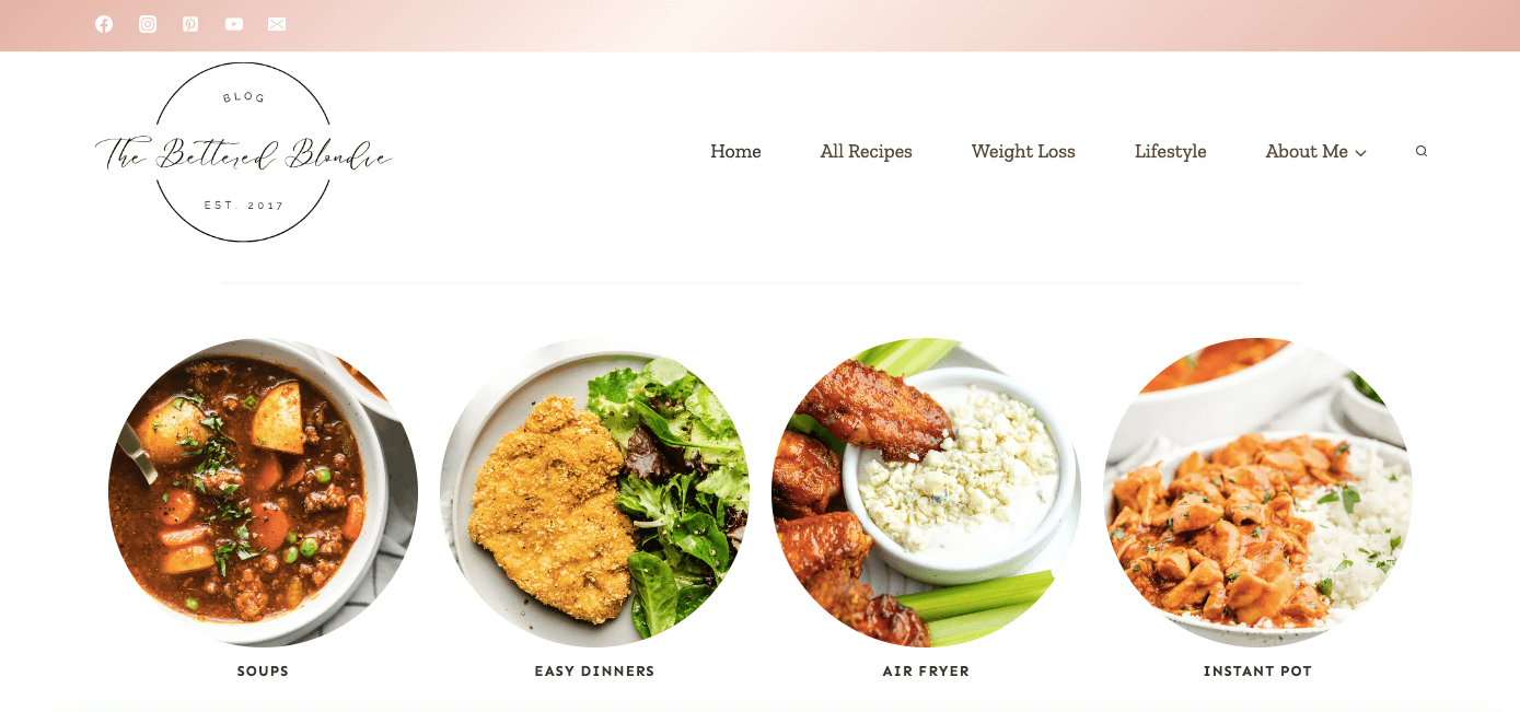 Screenshot of The Bettered Blondie, a website showcasing healthy soups, easy dinners, and recipes for the Air Fryer and Instant Pot.
