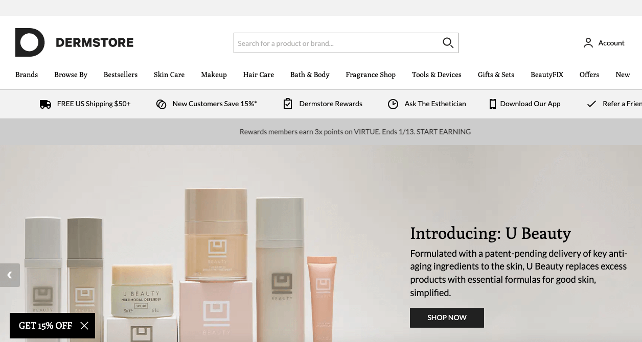 Screenshot of “Dermstore,” a website selling beauty and skincare products.