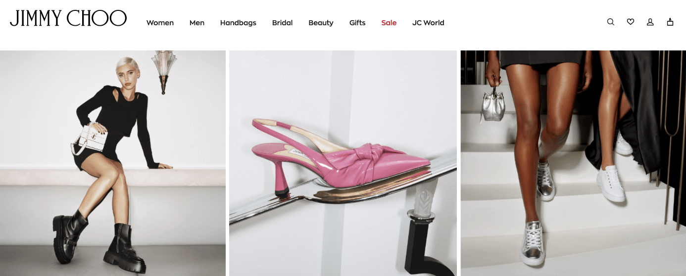 Screenshot of the “Jimmy Choo” website, showcasing a woman wearing a black dress and black shoes, a photo of pink heels, and a photo of two sets of legs walking down the stairs in metallic and white tennis shoes.