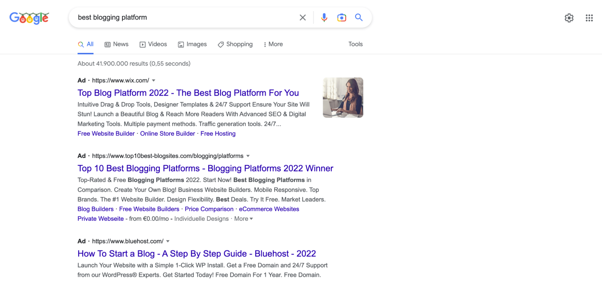 Search results on Google showing ads for the “best blogging platform” query A screenshot of Google search results with three ads at the top of the SERP for the “best blogging platform” keyword