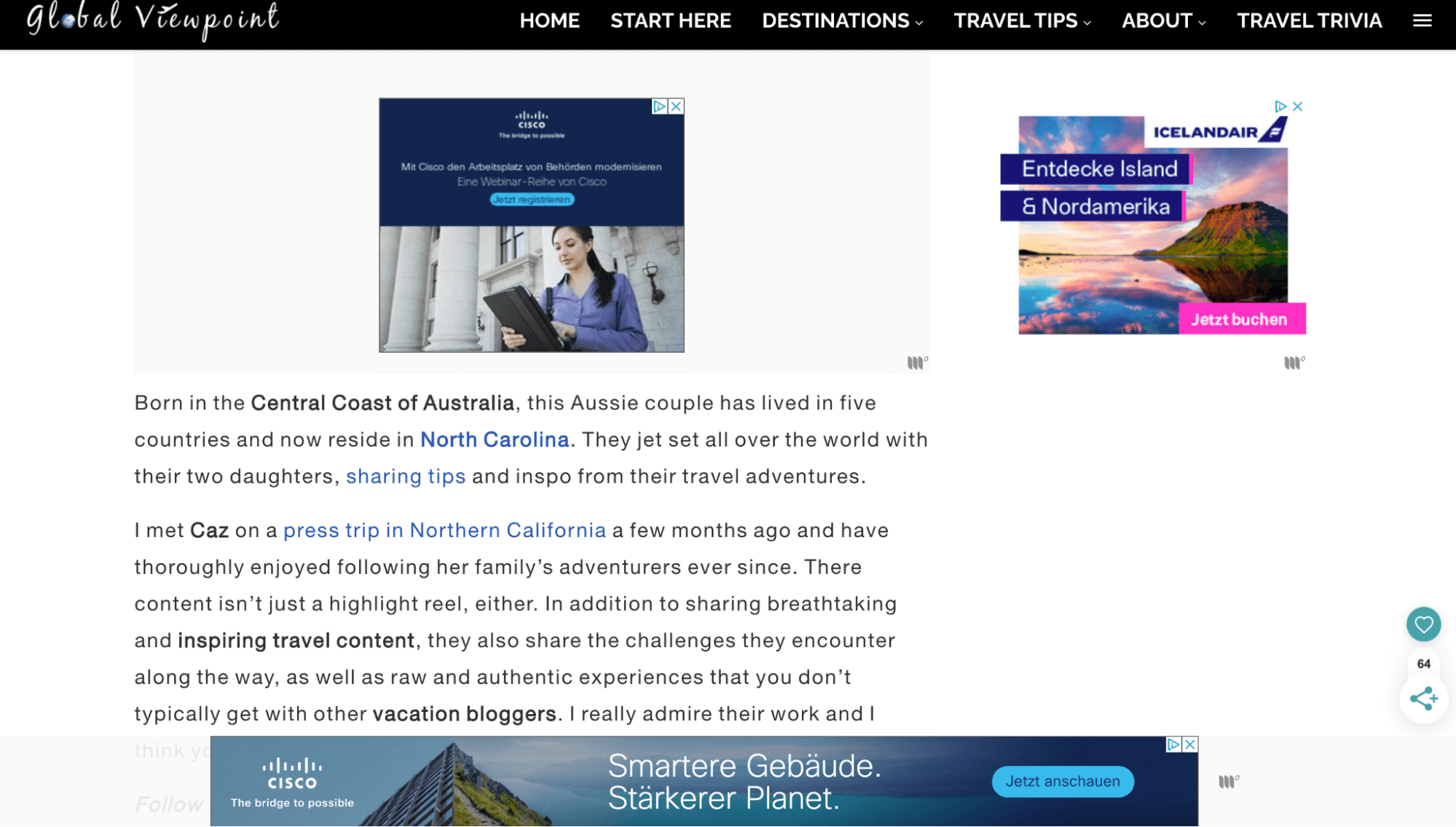 Examples of display ads on the Global Viewpoint travel blog A screenshot of a blog post on the Global Viewpoint travel blog with three display ads