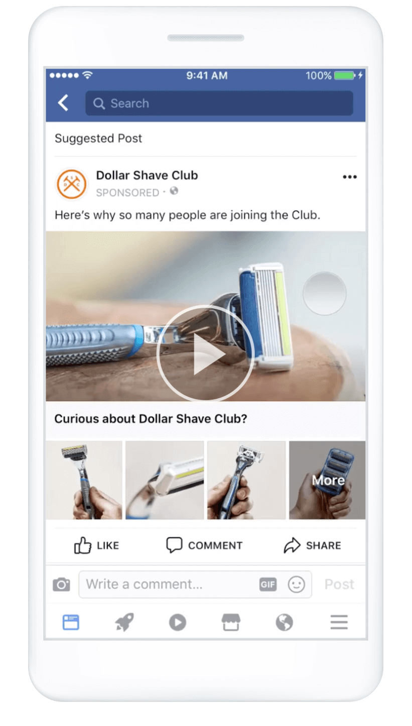 An example of a Facebook ad A photo of a smartphone with an advertisement from the Dollar Shave Club