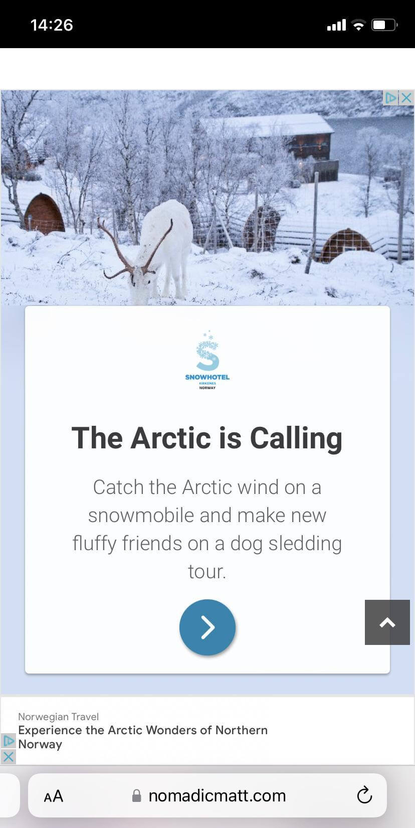 A screenshot of the mobile version of the Nomadic Matt blog showing an ad 