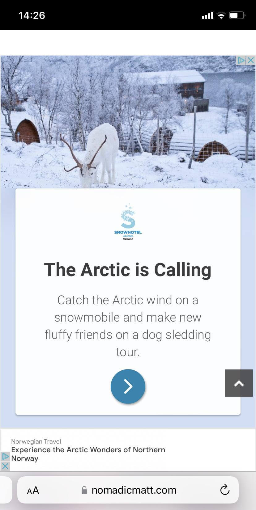 An example of a mobile ad on the Nomadic Matt website A screenshot of the mobile version of the Nomadic Matt blog showing an ad